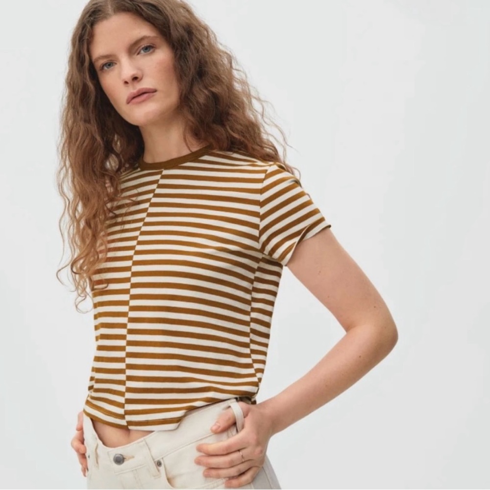 Everlane Organic Cotton Box-Cut Tee, Split Striped Toasted Almond & Whit…